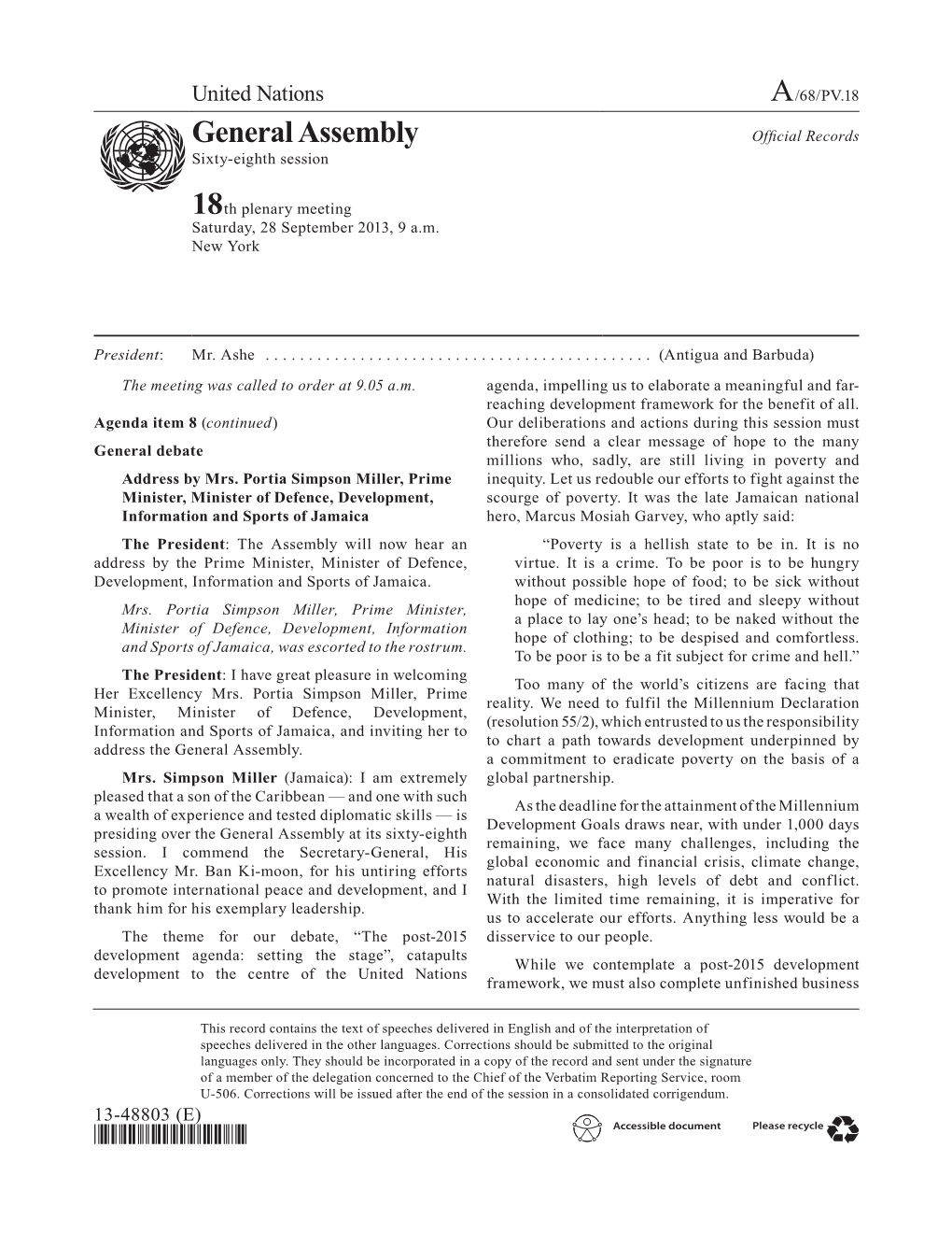 General Assembly Official Records Asdfsixty-Eighth Session 18Th Plenary Meeting Saturday, 28 September 2013, 9 A.M