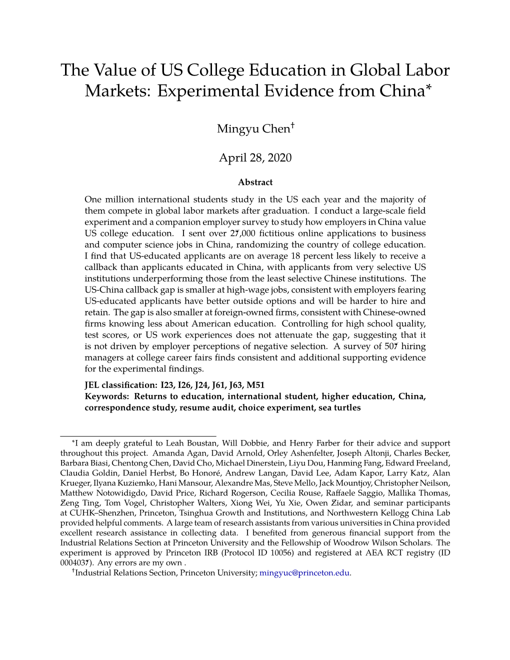The Value of US College Education in Global Labor Markets: Experimental Evidence from China∗