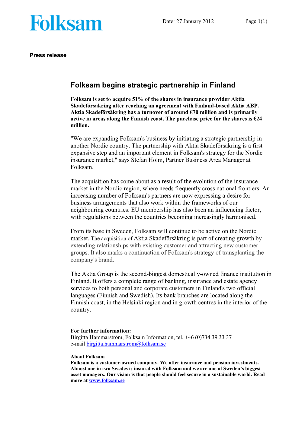 Folksam Begins Strategic Partnership in Finland