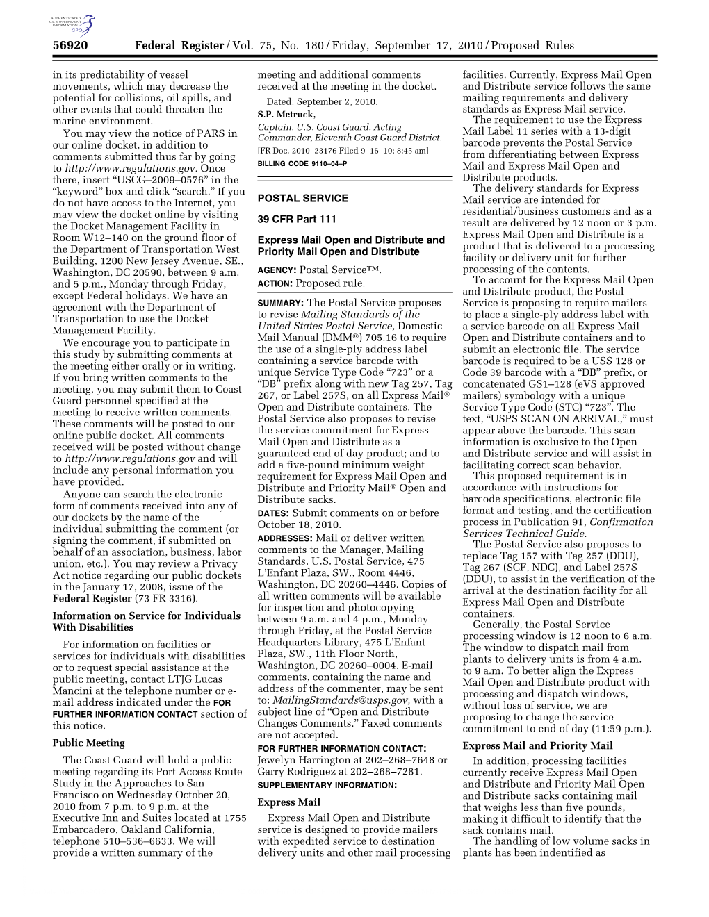 Federal Register/Vol. 75, No. 180/Friday, September 17, 2010