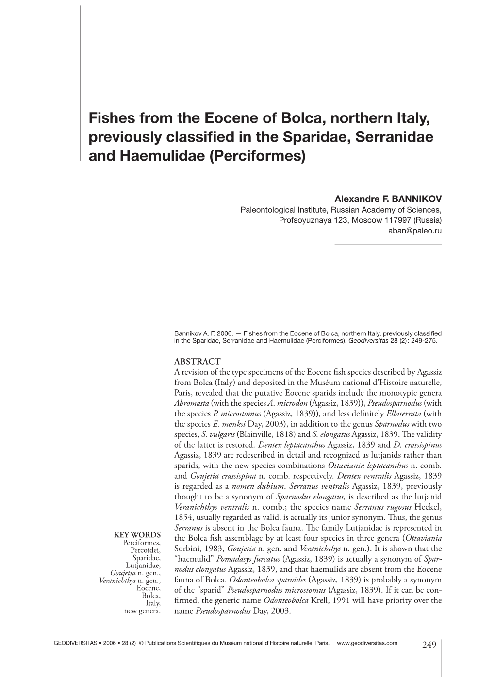 Fishes from the Eocene of Bolca, Northern Italy, Previously Classified