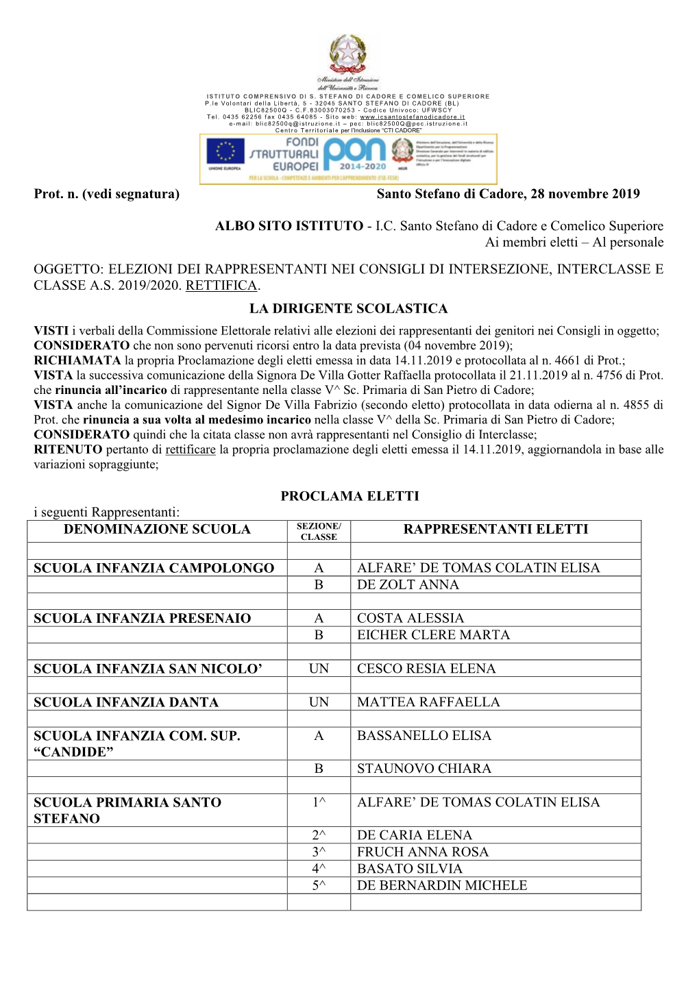 Proclamazione Degli Eletti Emessa in Data 14.11.2019 E Protocollata Al N