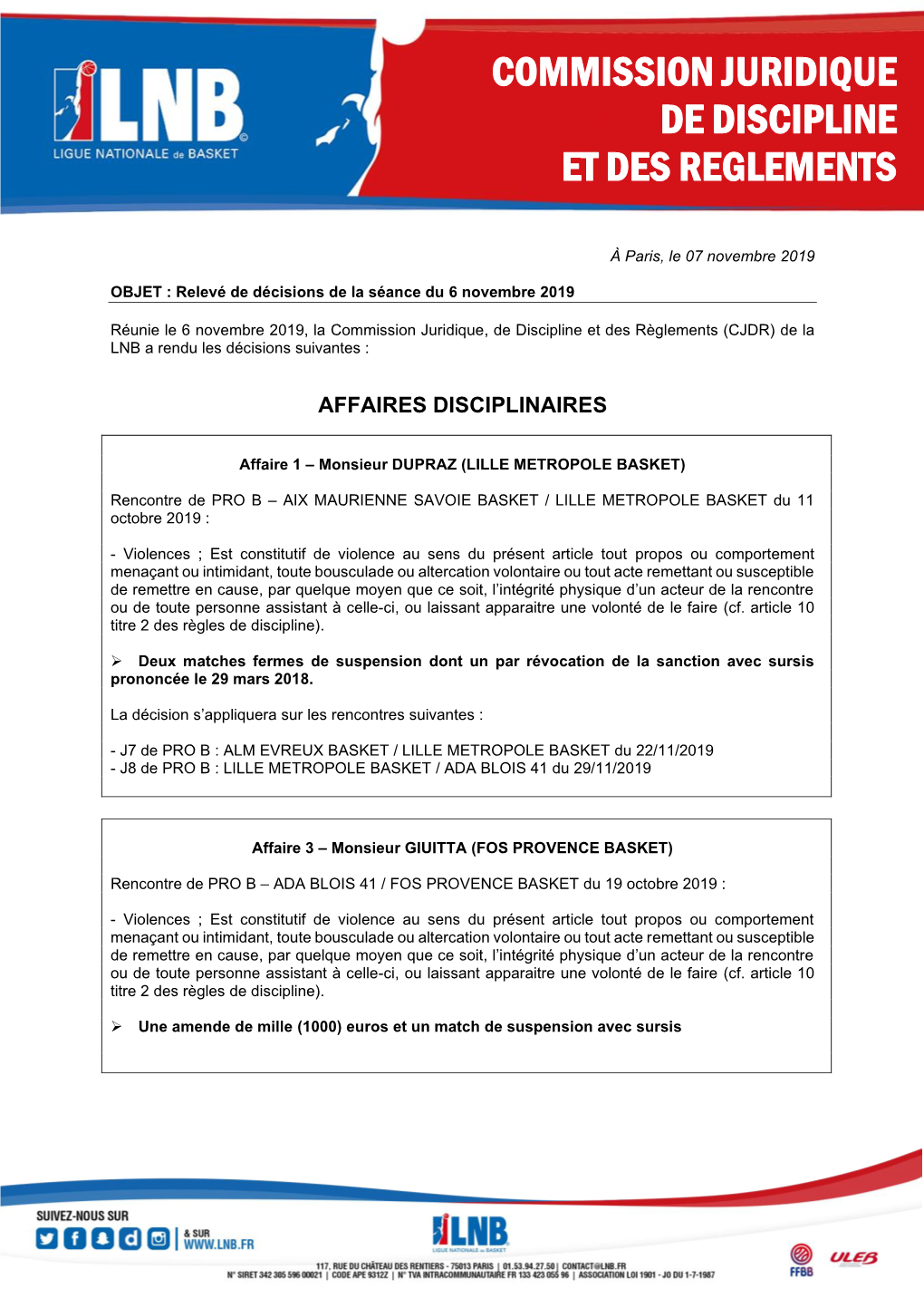 Commission Juridique De Discipline Et Des Reglements