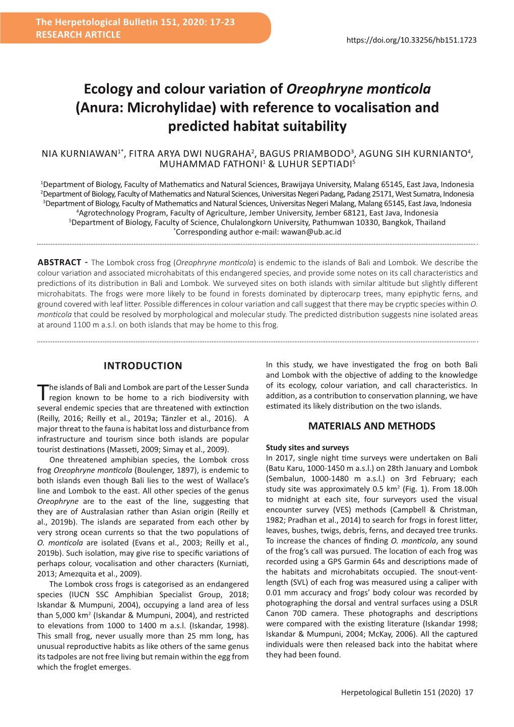 Ecology and Colour Variation of Oreophryne Monticola (Anura: Microhylidae) with Reference to Vocalisation and Predicted Habitat Suitability