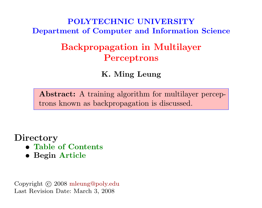 Backpropagation in Multilayer Perceptrons