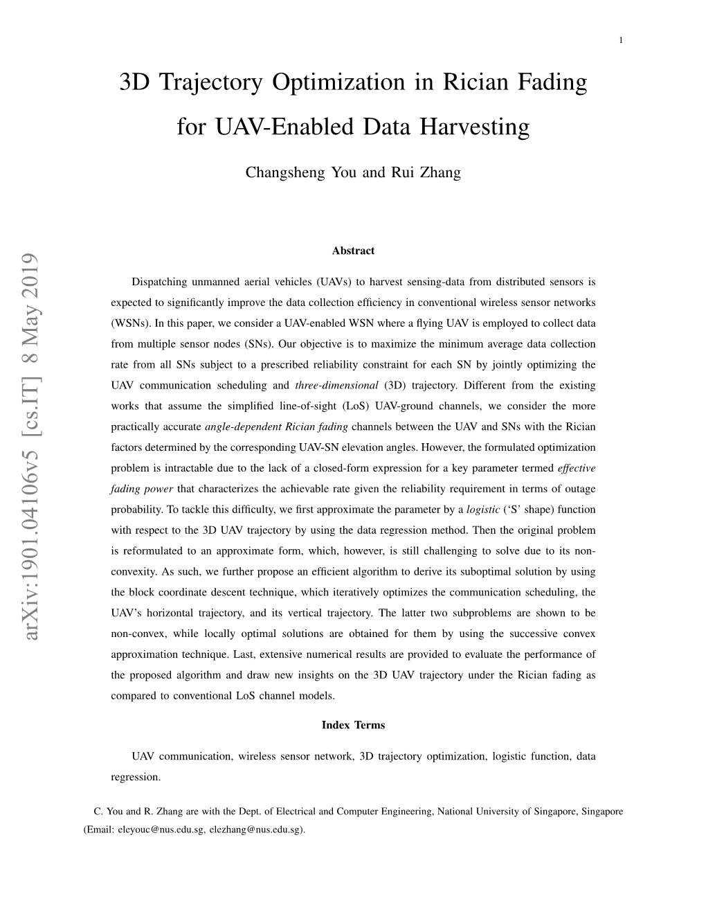 3D Trajectory Optimization in Rician Fading for UAV-Enabled Data Harvesting