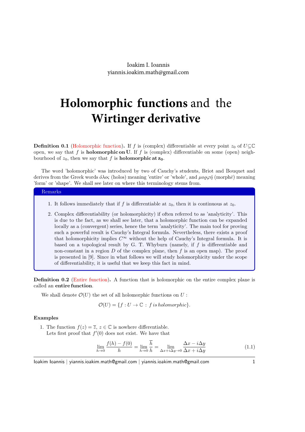 Holomorphic Functions and the Wirtinger Derivative