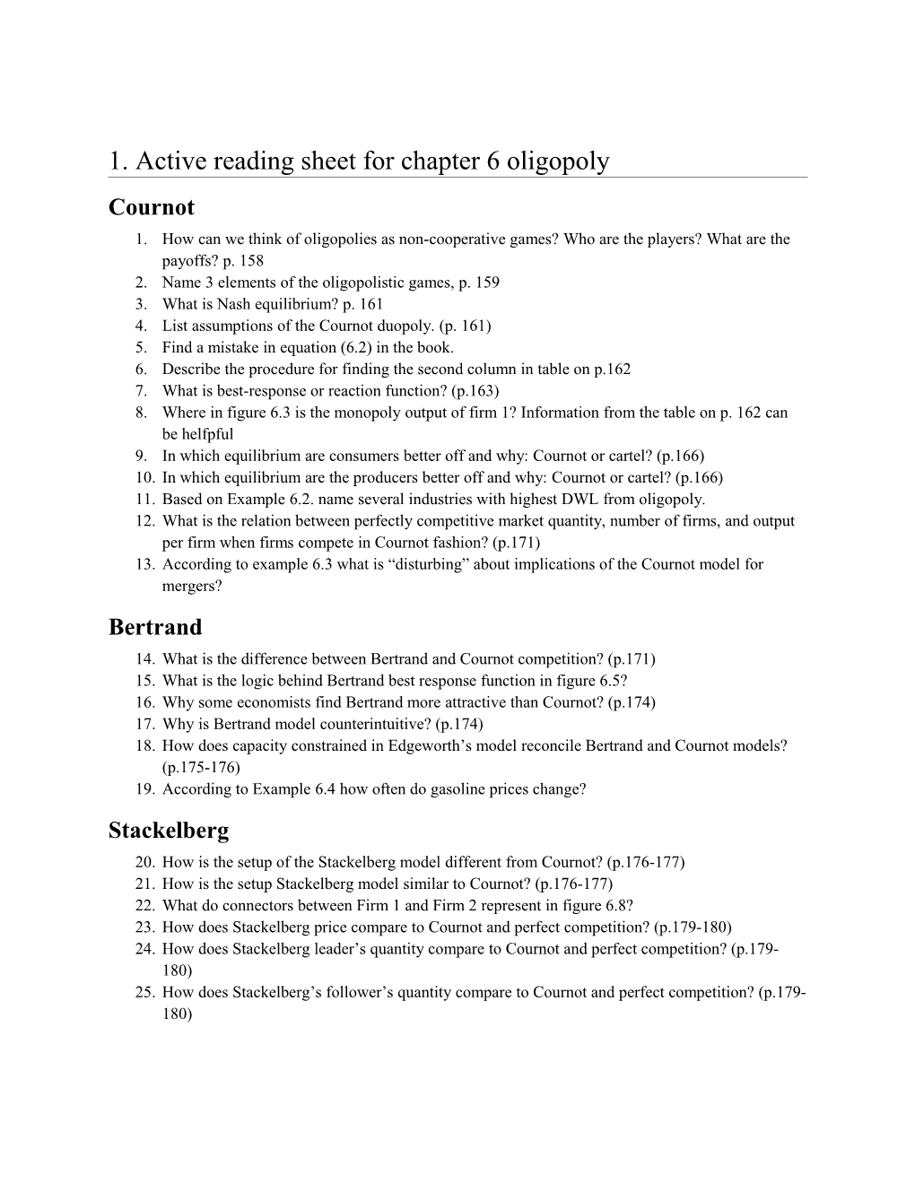 Active Reading Sheet for Chapter 6 Oligopoly