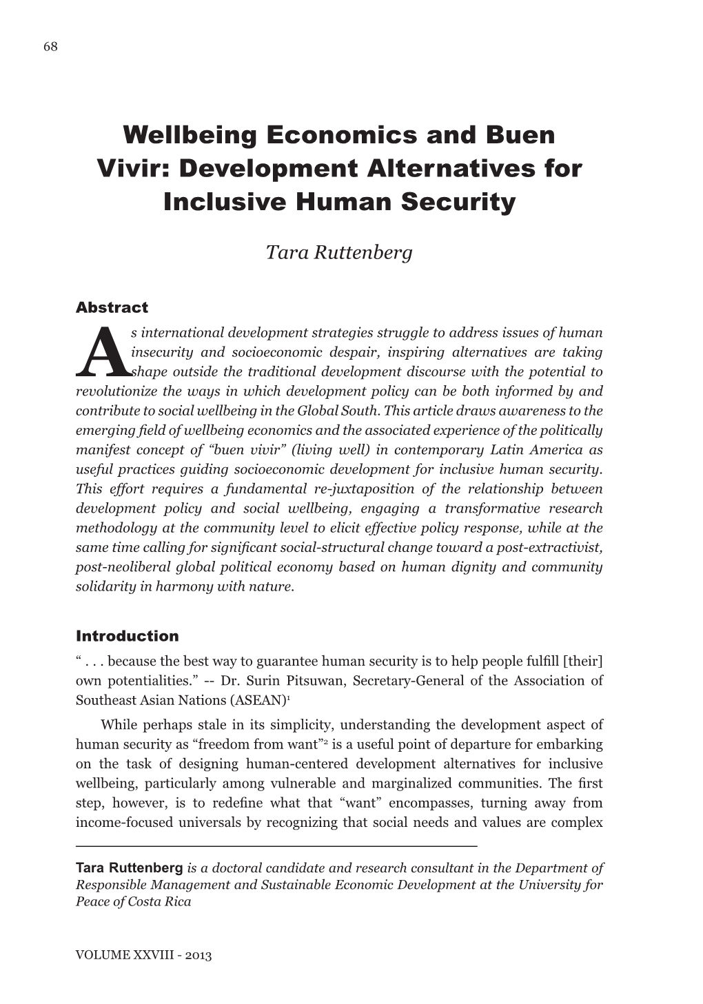 Wellbeing Economics and Buen Vivir: Development Alternatives for Inclusive Human Security