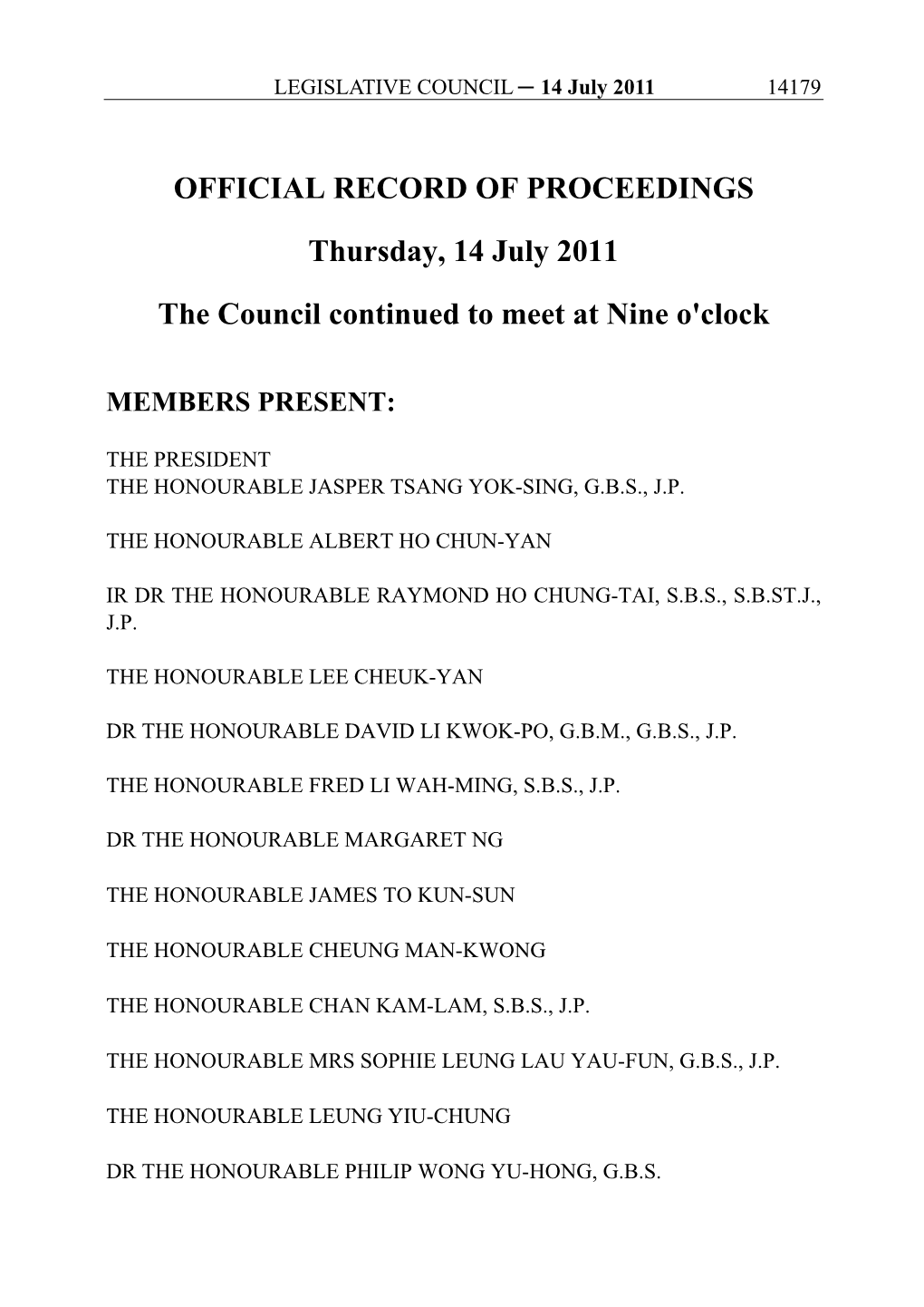 OFFICIAL RECORD of PROCEEDINGS Thursday, 14 July