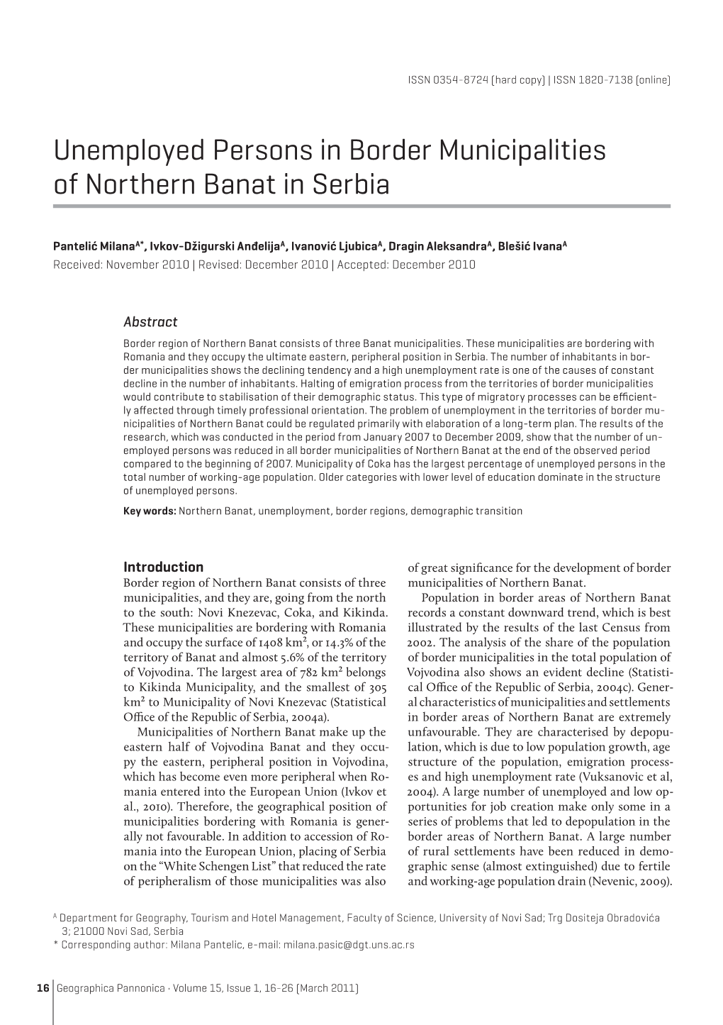 Unemployed Persons in Border Municipalities of Northern Banat in Serbia