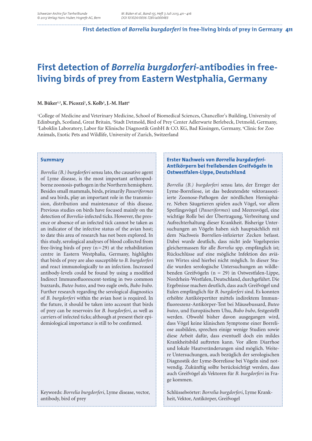 First Detection of Borrelia Burgdorferi-Antibodies in Free- Living Birds of Prey from Eastern Westphalia, Germany