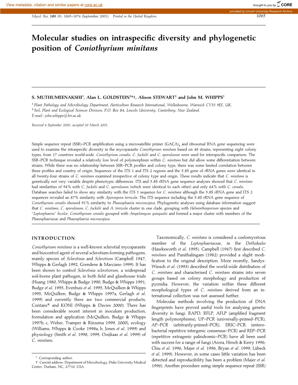 Molecular Studies on Intraspecific Diversity and Phylogenetic Position of Coniothyrium Minitans