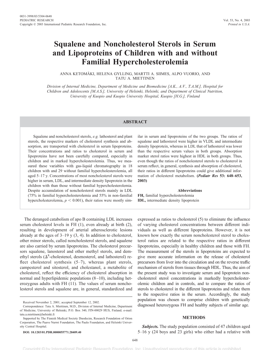 Squalene and Noncholesterol Sterols in Serum and Lipoproteins of Children with and Without Familial Hypercholesterolemia