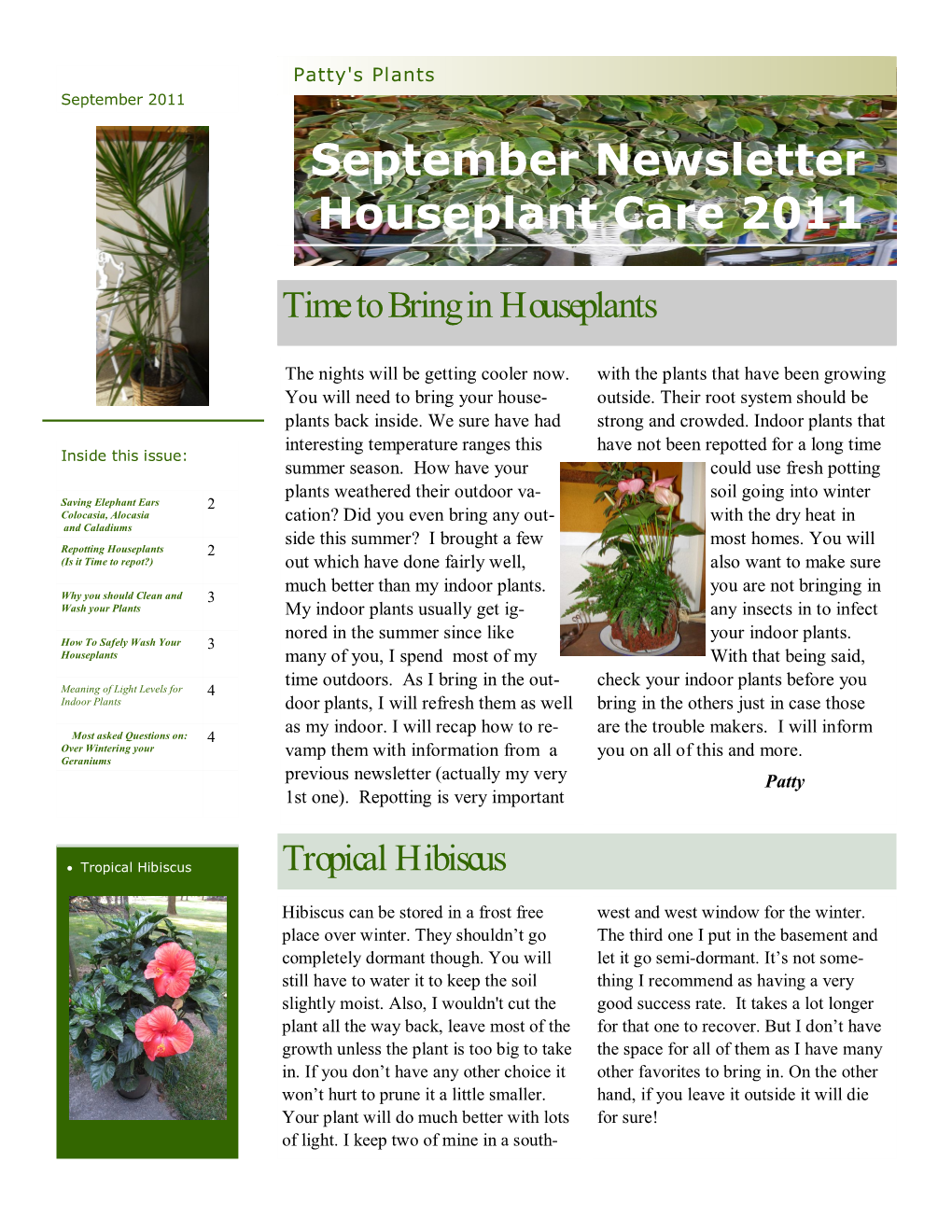 September Newsletter Houseplant Care 2011