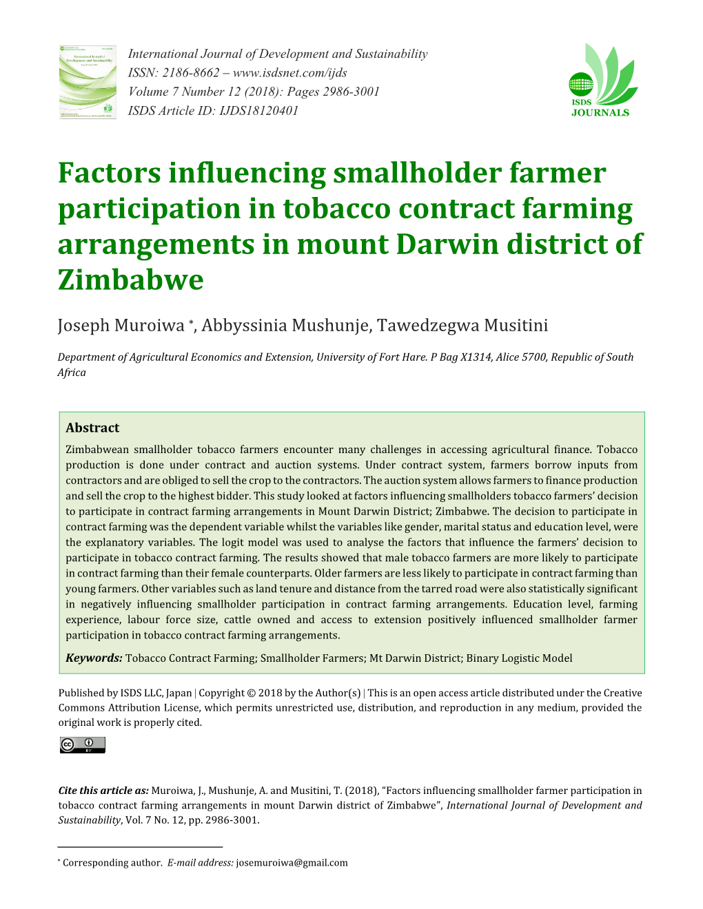 Factors Influencing Smallholder Farmer Participation in Tobacco Contract Farming Arrangements in Mount Darwin District of Zimbabwe