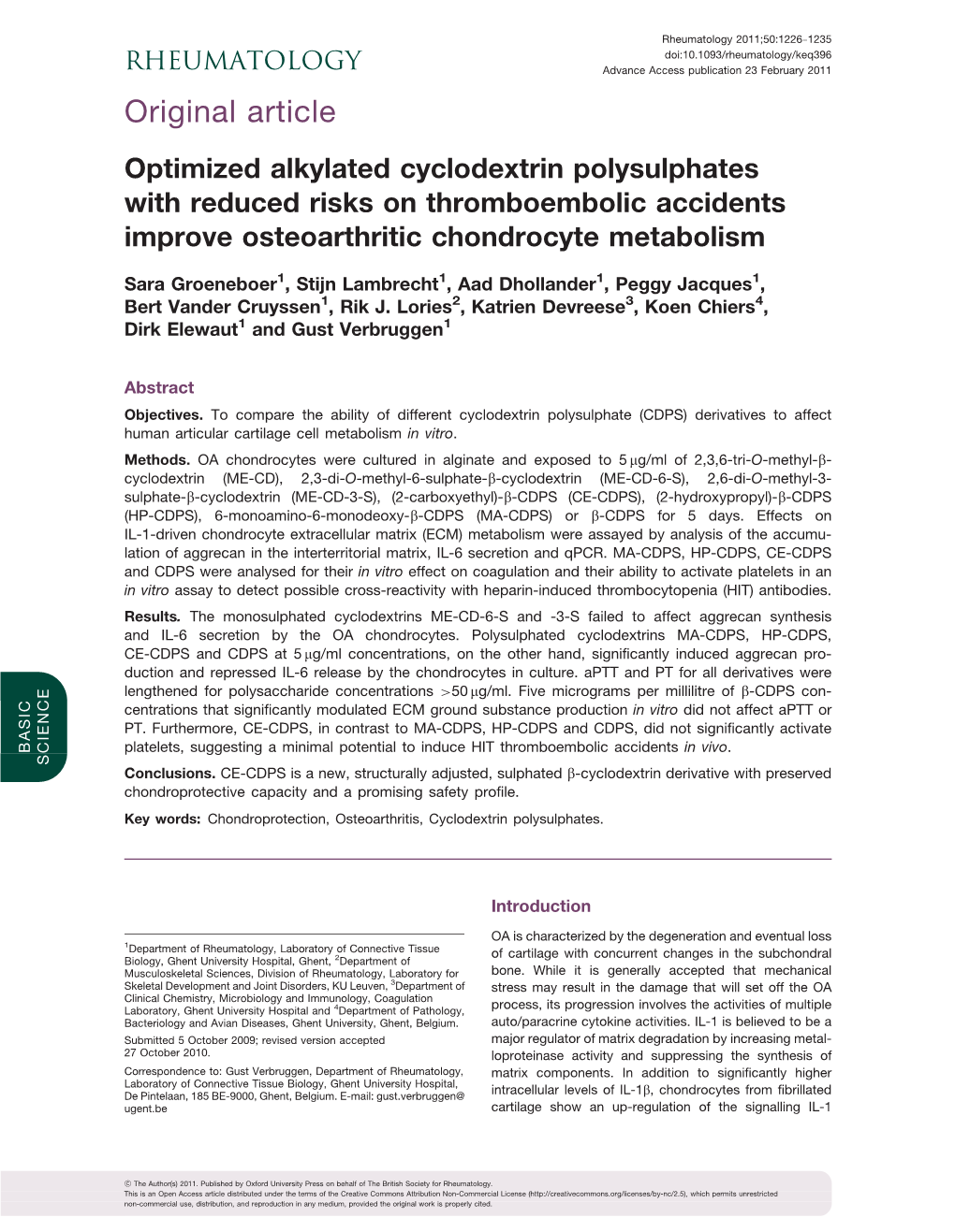 Original Article Optimized Alkylated Cyclodextrin Polysulphates with Reduced Risks on Thromboembolic Accidents Improve Osteoarthritic Chondrocyte Metabolism