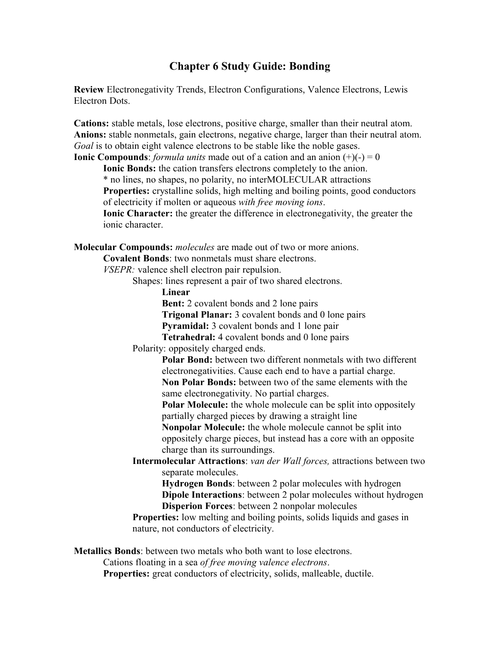 Chapter 6 Study Guide: Bonding