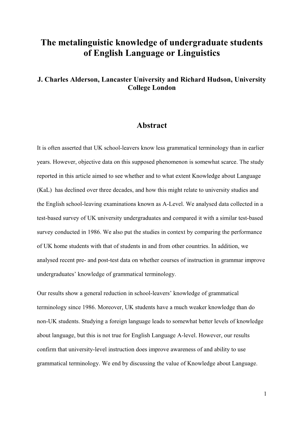 The Metalinguistic Knowledge of Undergraduate Students of English Language and Linguistics