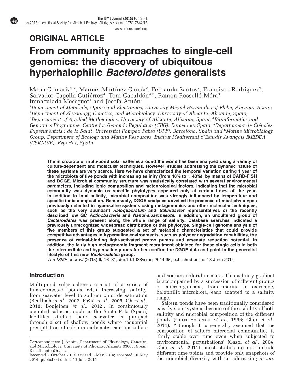 From Community Approaches to Single-Cell Genomics: the Discovery of Ubiquitous Hyperhalophilic Bacteroidetes Generalists