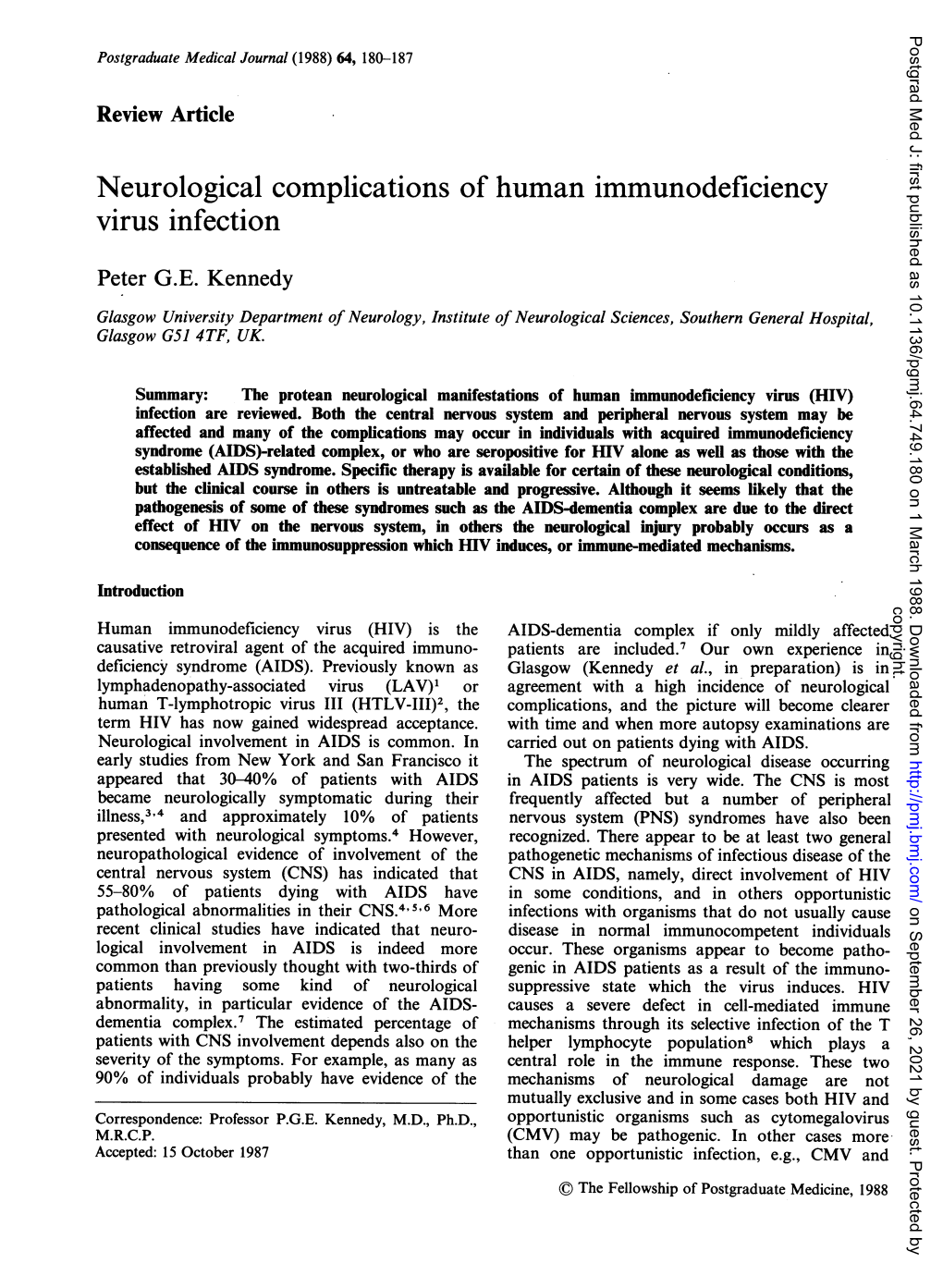 Neurological Complications of Human Immunodeficiency Virus Infection Peter G.E