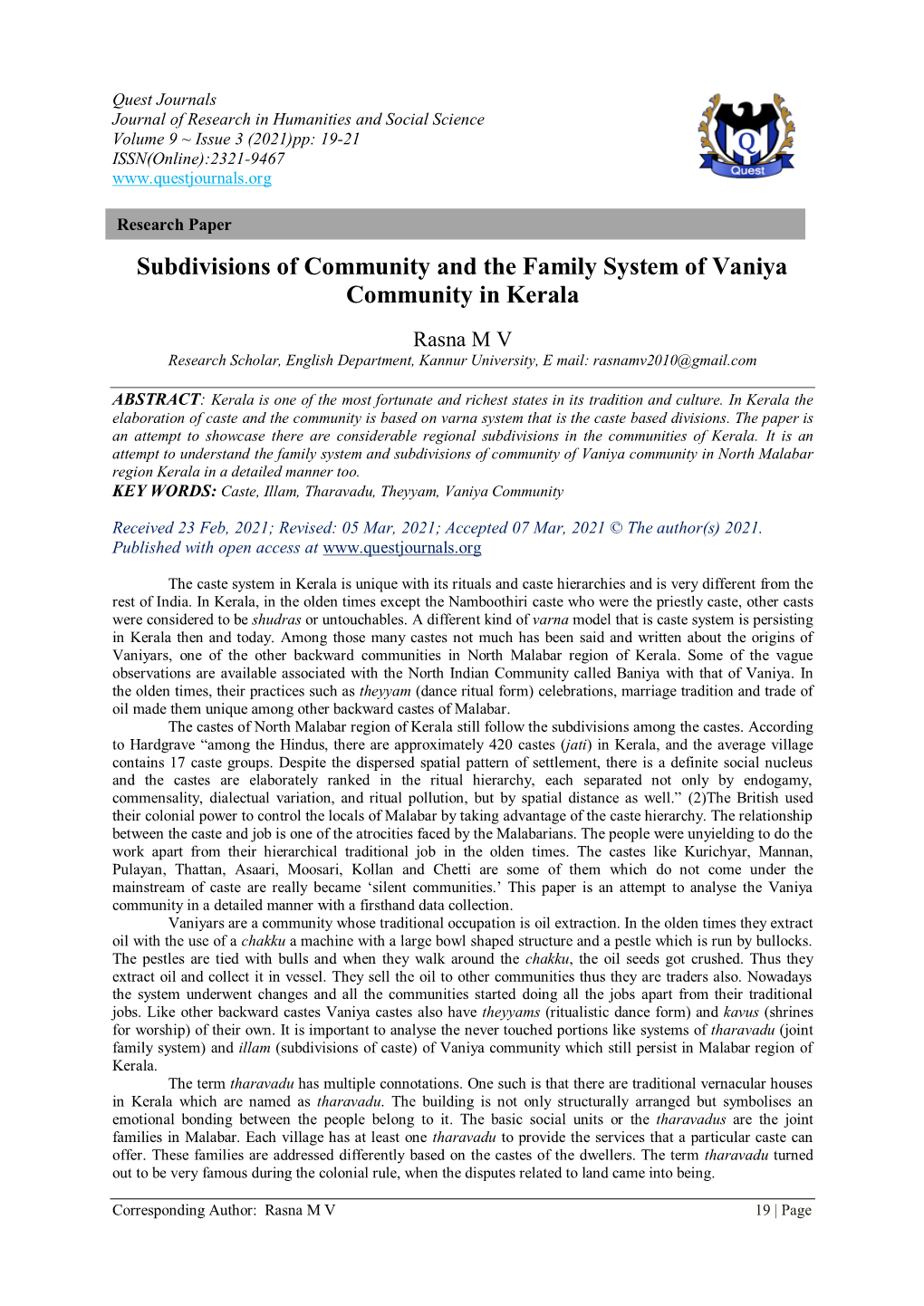 Subdivisions of Community and the Family System of Vaniya Community in Kerala