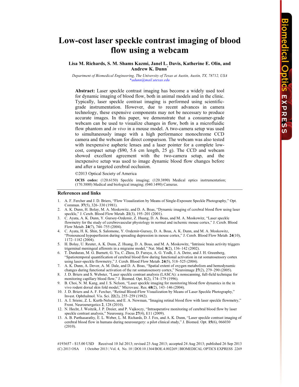 Low-Cost Laser Speckle Contrast Imaging of Blood Flow Using a Webcam