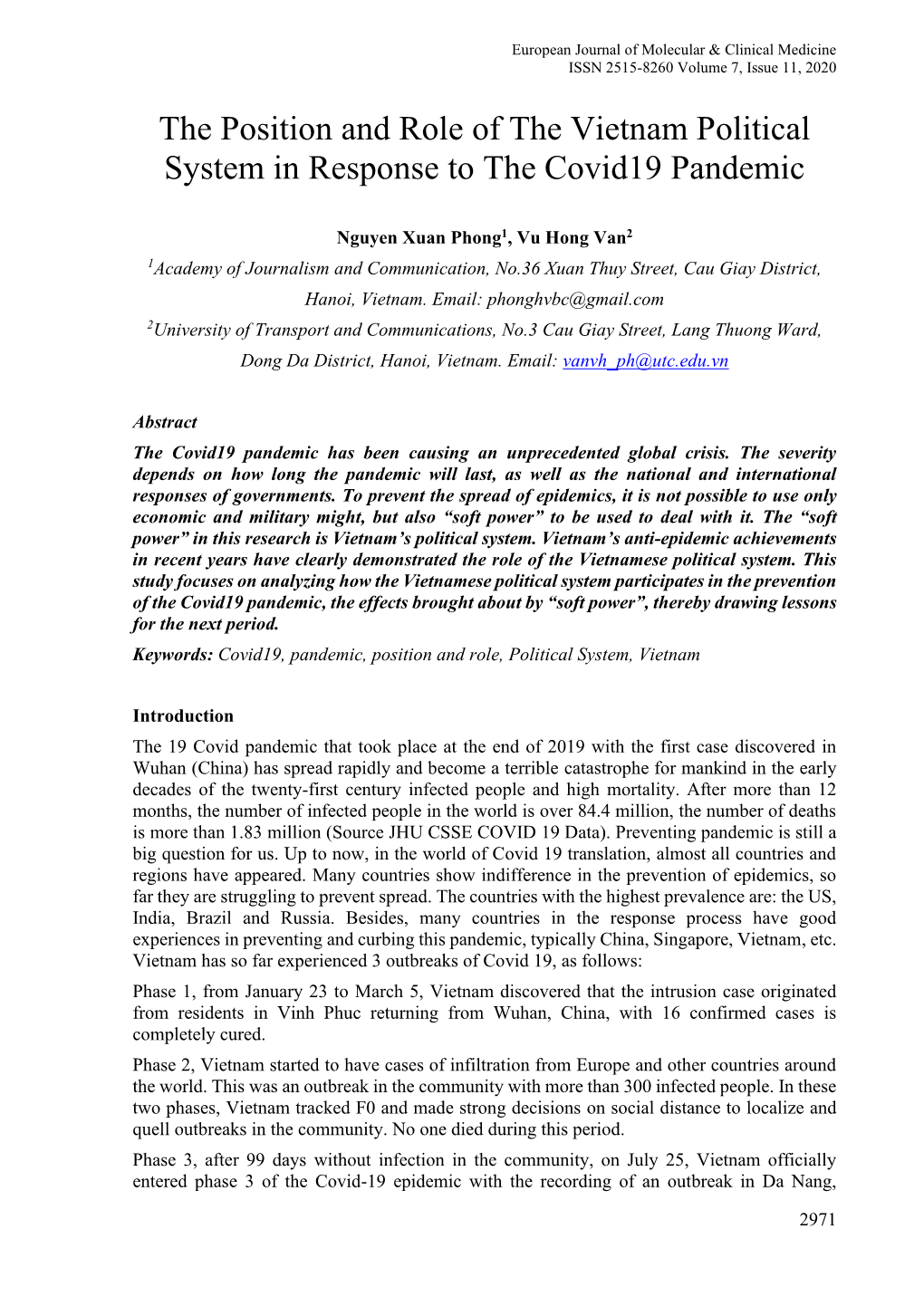 The Position and Role of the Vietnam Political System in Response to the Covid19 Pandemic