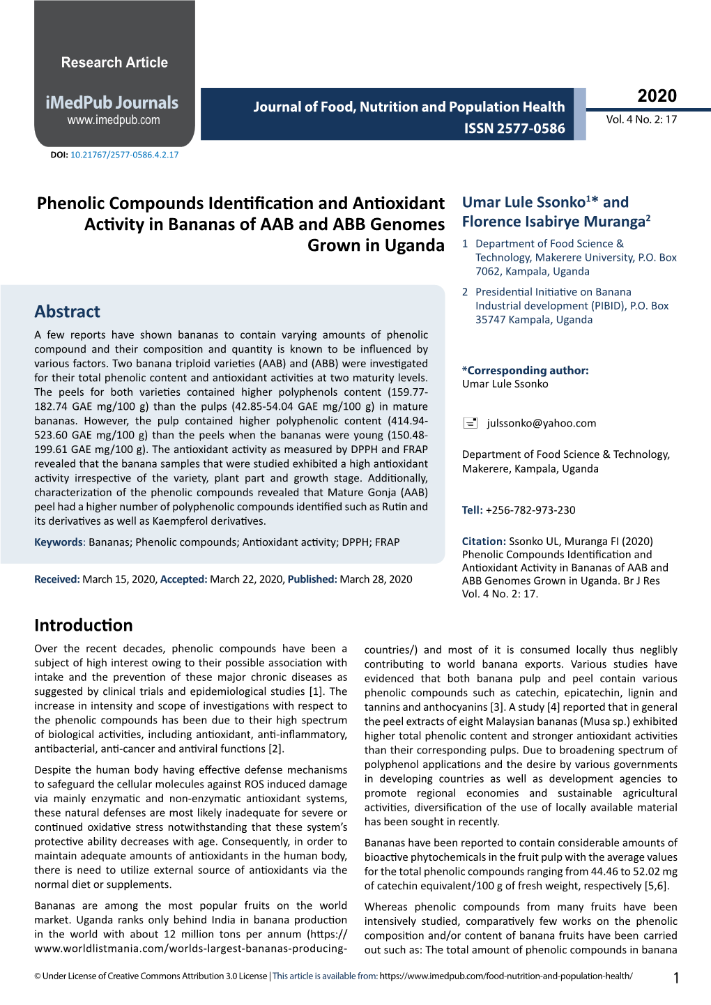 Phenolic Compounds Identification and Antioxidant Activity in Bananas