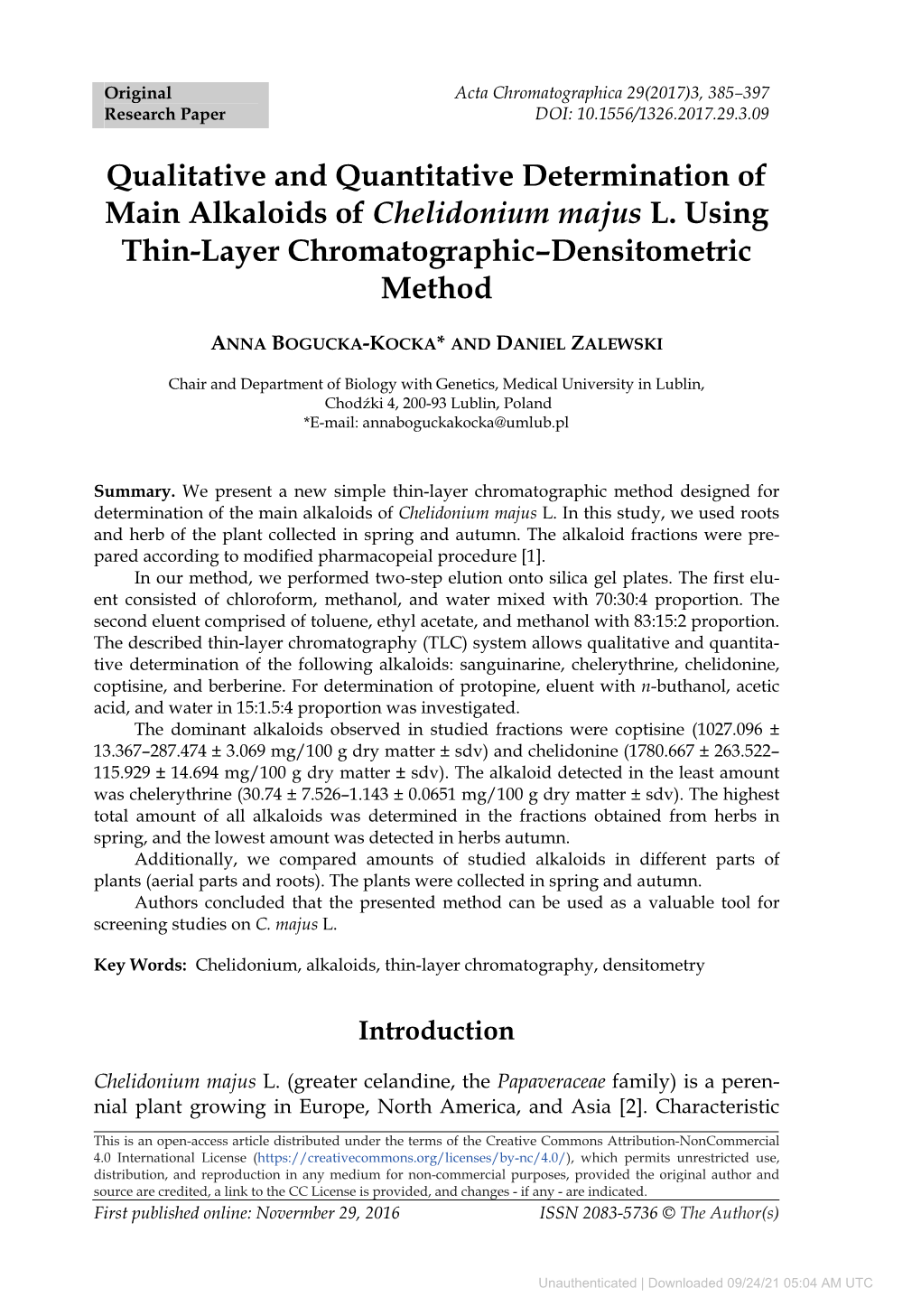 Qualitative and Quantitative Determination of Main Alkaloids of Chelidonium Majus L