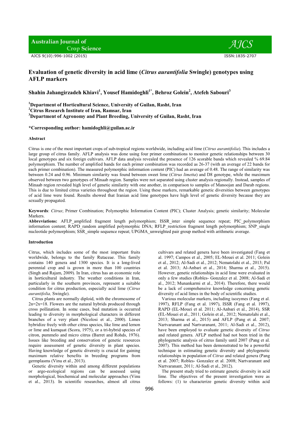 Evaluation of Genetic Diversity in Acid Lime (Citrus Aurantifolia Swingle) Genotypes Using AFLP Markers