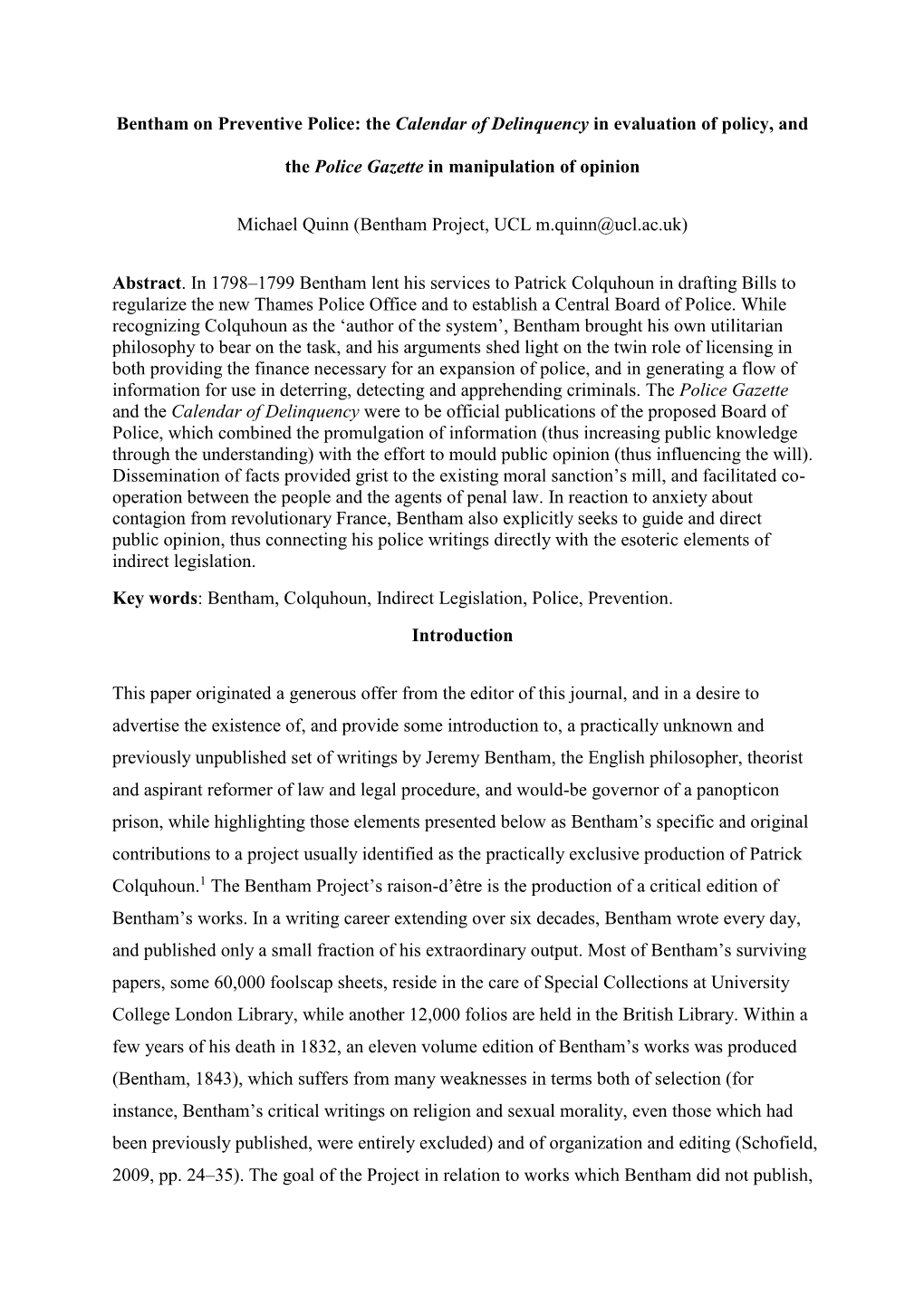 Bentham on Preventive Police: the Calendar of Delinquency in Evaluation of Policy, And