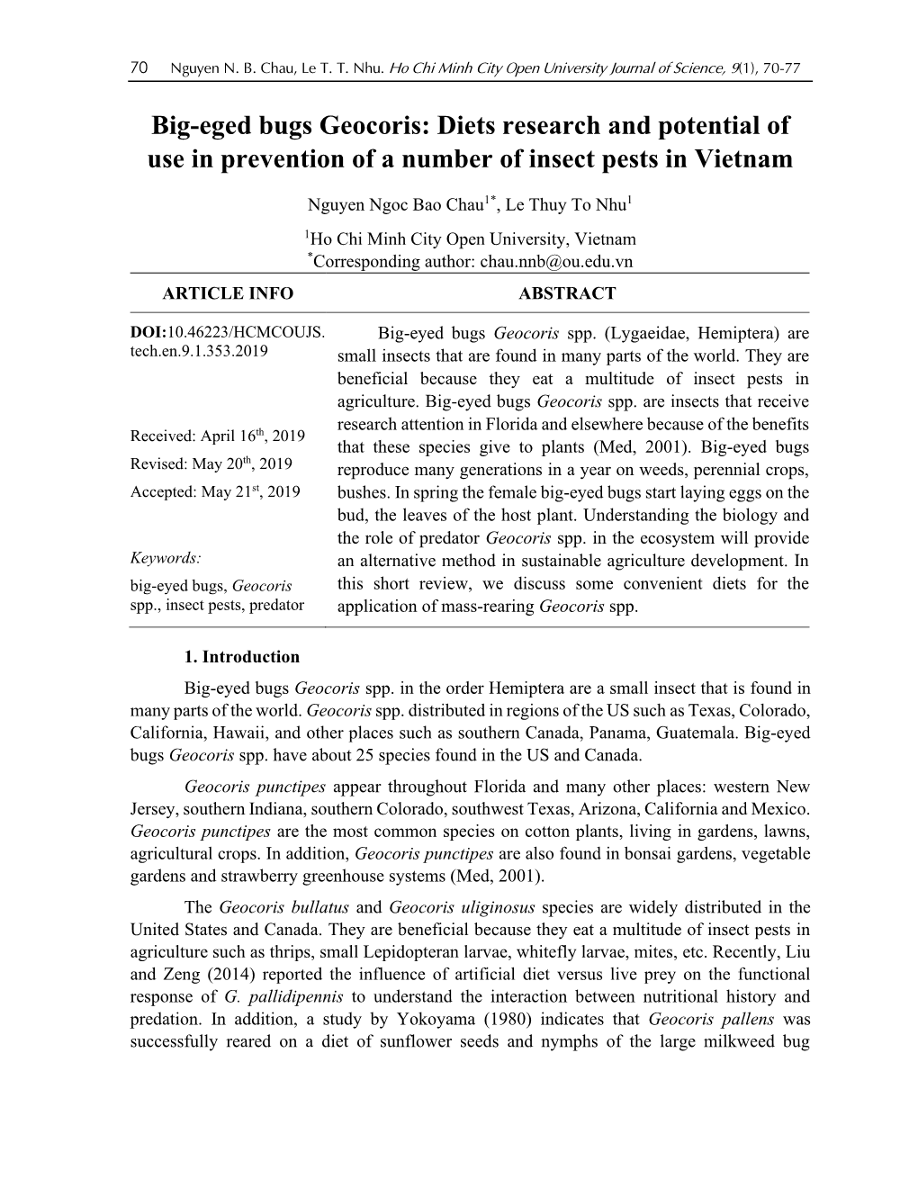 Big-Eged Bugs Geocoris: Diets Research and Potential of Use in Prevention of a Number of Insect Pests in Vietnam