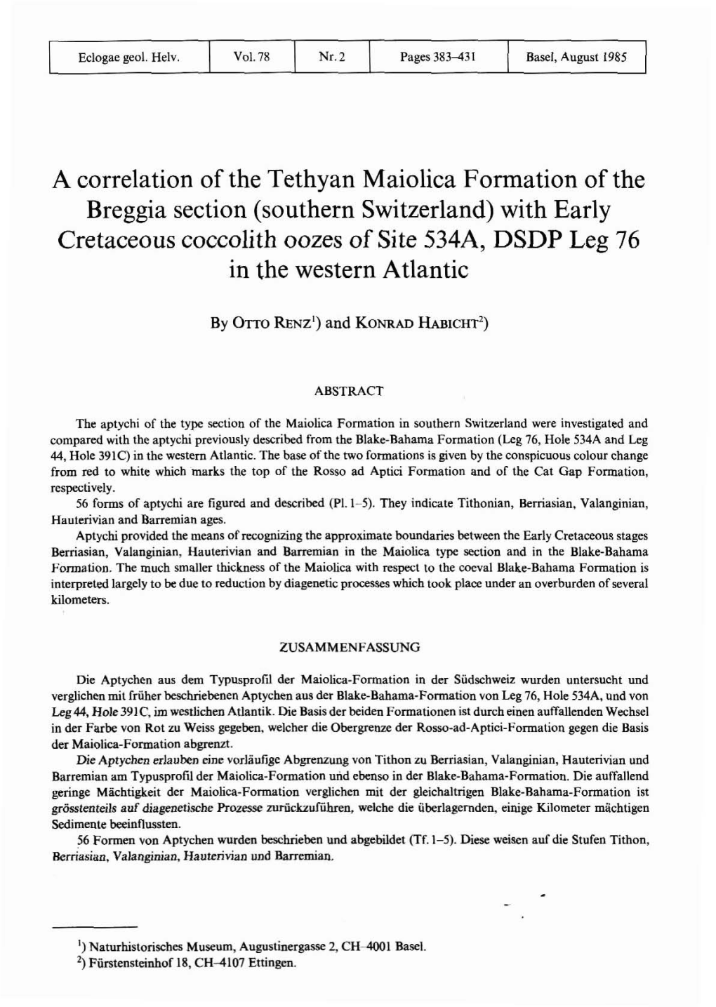 A Correlation of the Tethyan Maiolica Formation of the Breggia