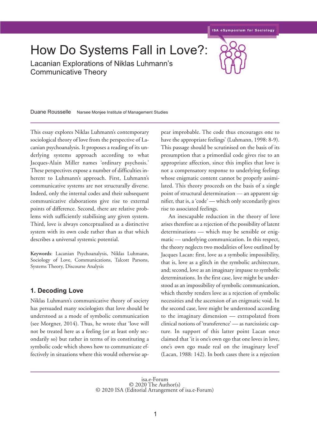 How Do Systems Fall in Love?: Lacanian Explorations of Niklas Luhmann’S Communicative Theory