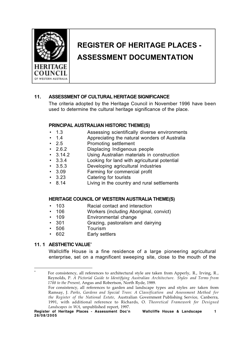 Register of Heritage Places - Assessment Documentation