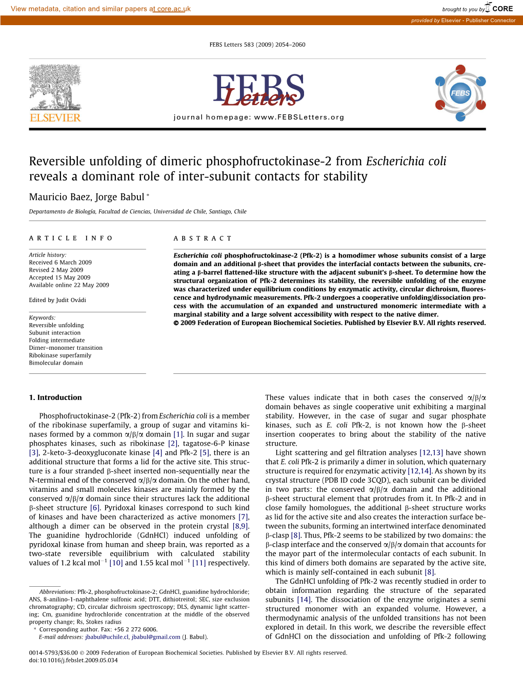 Reversible Unfolding of Dimeric Phosphofructokinase-2 from Escherichia Coli Reveals a Dominant Role of Inter-Subunit Contacts for Stability