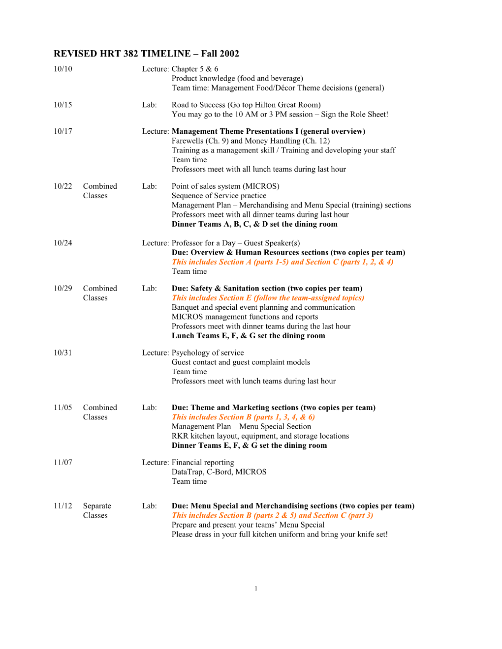 REVISED HRT 382 TIMELINE Fall 2002