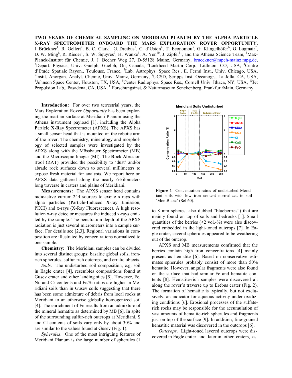 Two Years of Chemical Sampling on Meridiani Planum by the Alpha Particle X-Ray Spectrometer Onboard the Mars Exploration Rover Opportunity