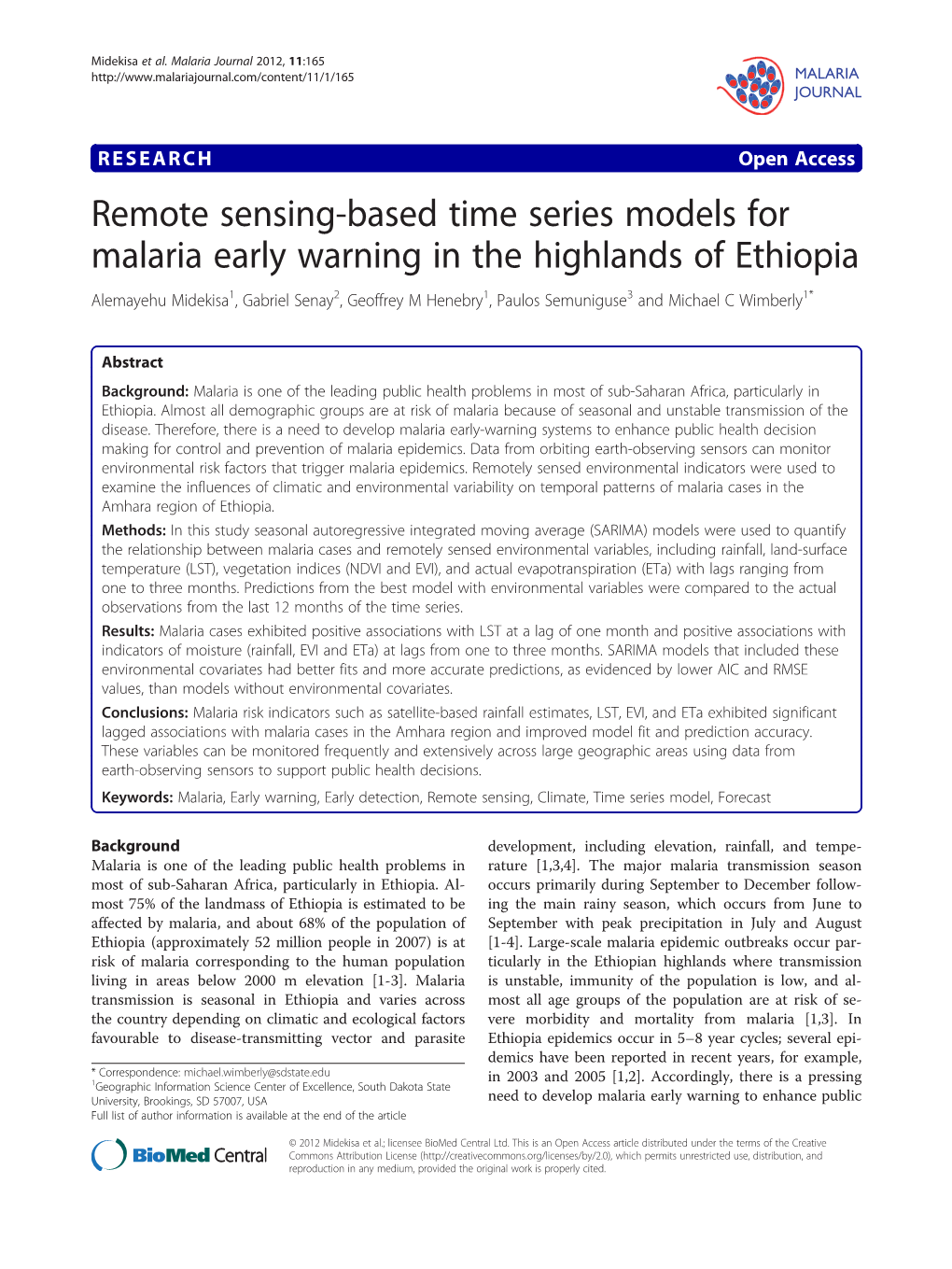 Remote Sensing-Based Time Series Models for Malaria Early Warning In