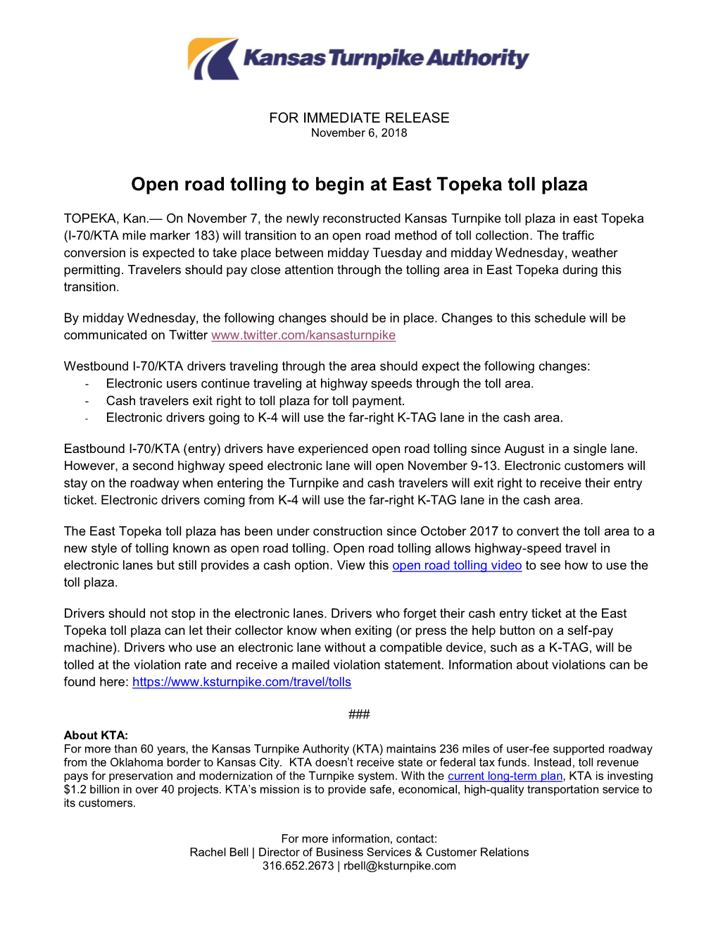 Open Road Tolling to Begin at East Topeka Toll Plaza