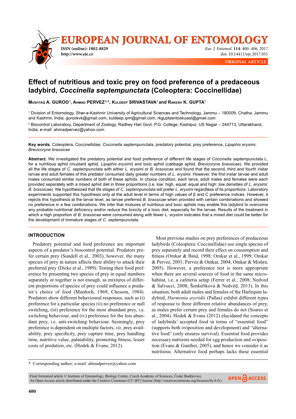 Effect of Nutritious and Toxic Prey on Food Preference of a Predaceous Ladybird, Coccinella Septempunctata (Coleoptera: Coccinellidae)