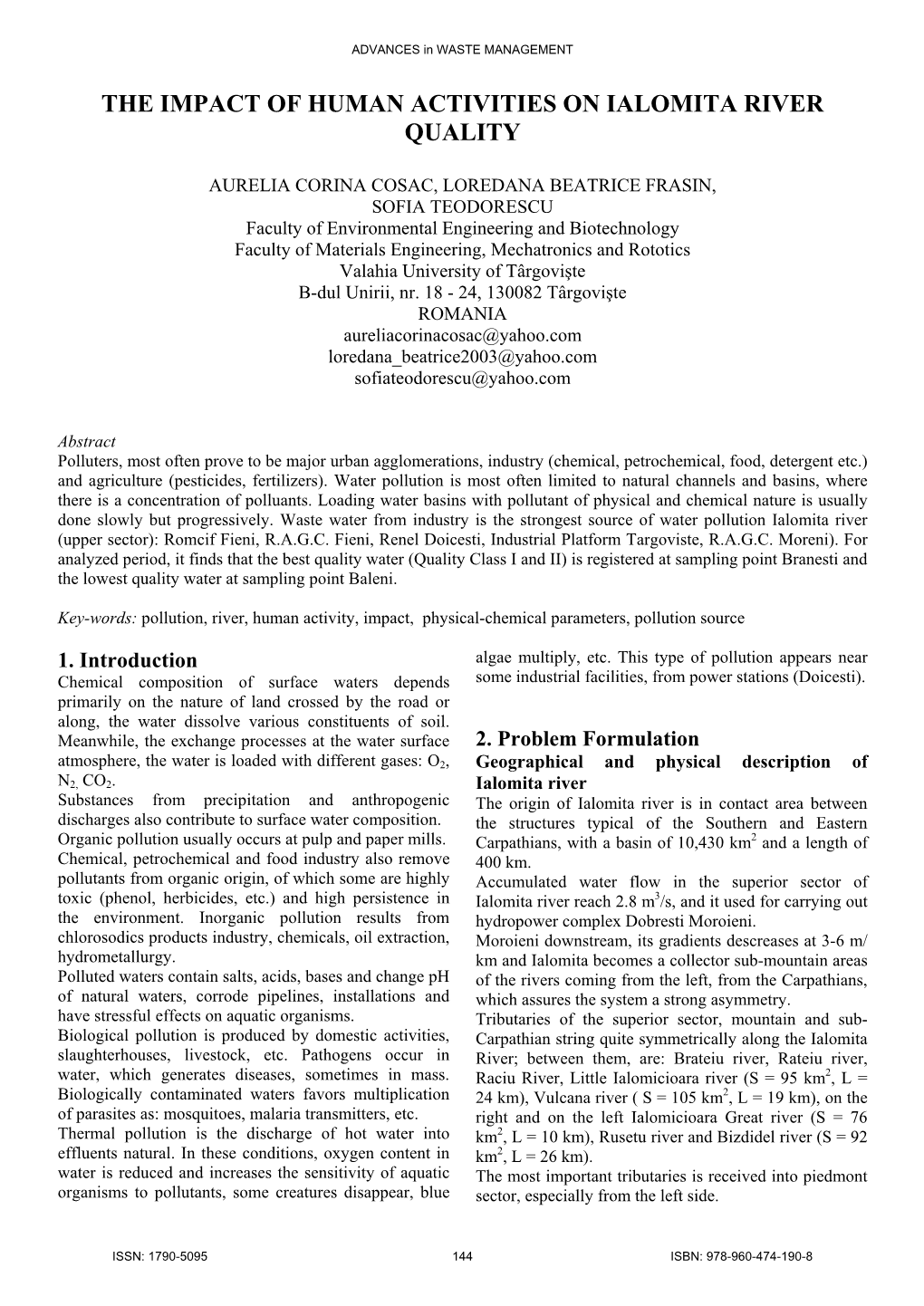 The Impact of Human Activities on Ialomita River Quality