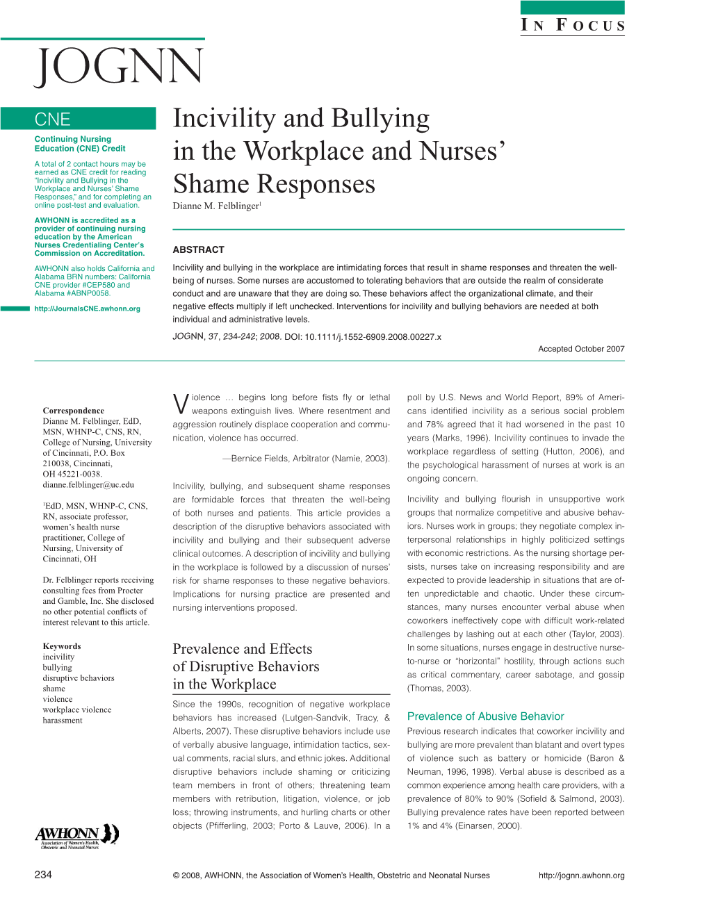 Incivility and Bullying in the Workplace and Nurses' Shame Responses