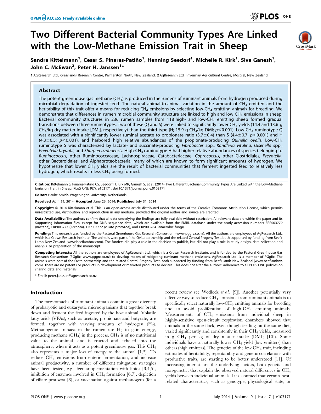 Two Different Bacterial Community Types Are Linked with the Low-Methane Emission Trait in Sheep