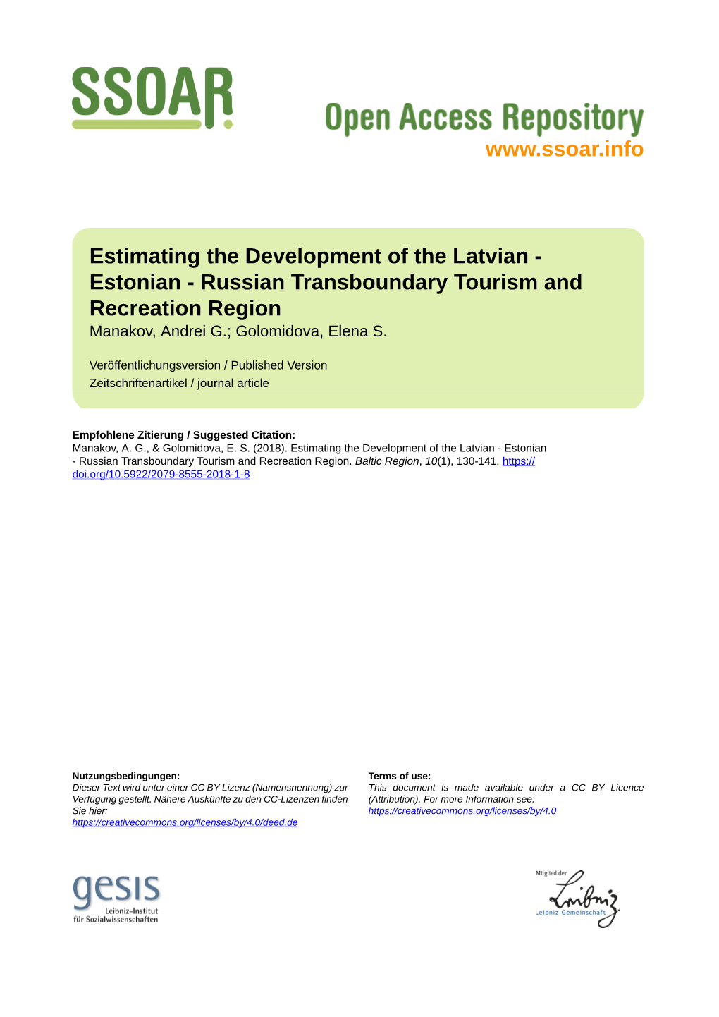 Estimating the Development of the Latvian-Estonian-Russian Transboundary Tourism and Recreation Region, Balt