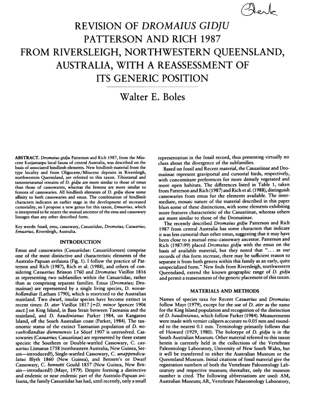 Revision of Dromaius Gidju Patterson and Rich 1987 Fr Om Riverslei G H, Nor Thwestern Q Ueensland , Australia, with a Reassessment of Its Generic Position