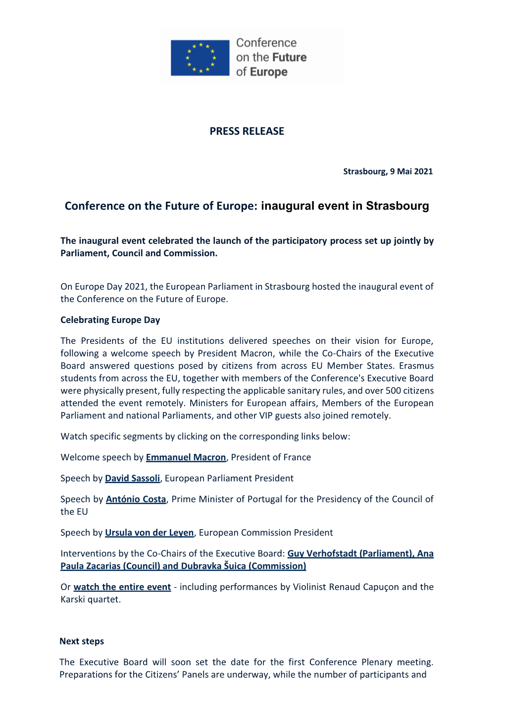 Conference on the Future of Europe: Inaugural Event in Strasbourg