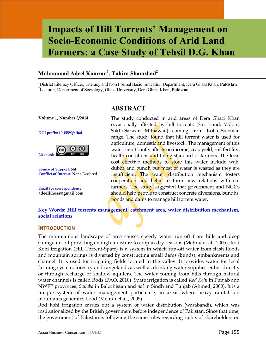 Impacts of Hill Torrents' Management on Socio-Economic Conditions of Arid Land Farmers