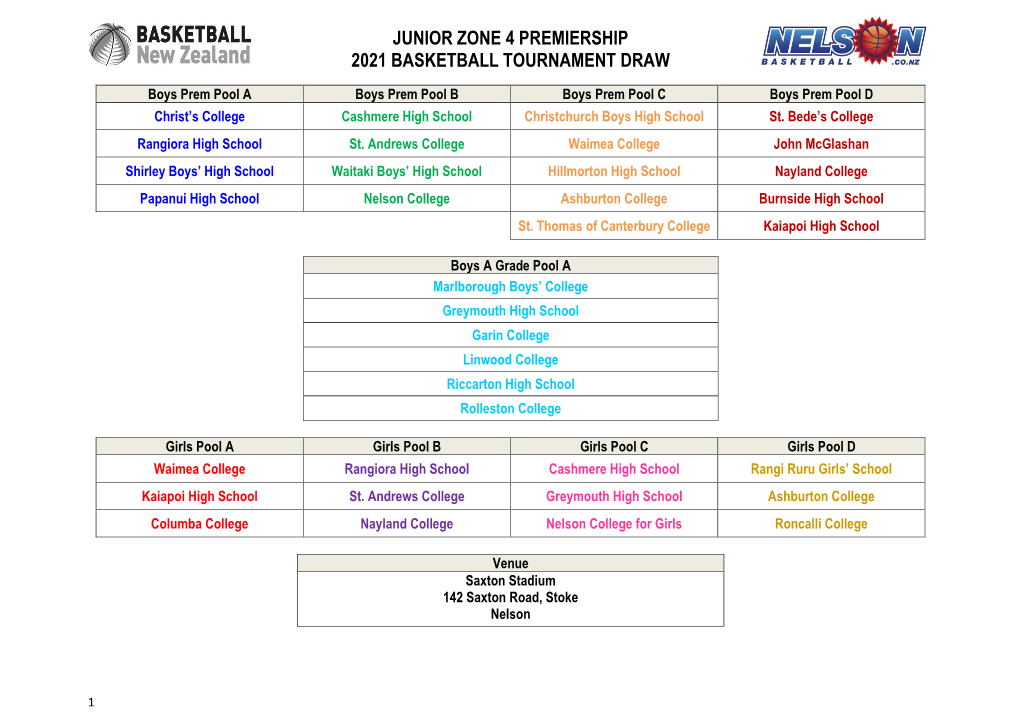 Junior Zone 4 Premiership 2021 Basketball Tournament Draw